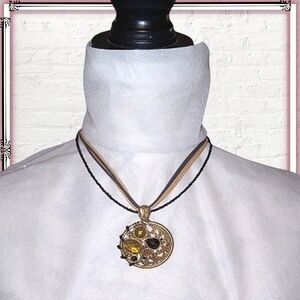 Vntg Lia Sophia Bronze Rhinestone Oversized 5 Strand Pendant Necklace